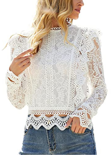 aromm Camisa de Encaje de Manga Larga para Mujer Sexy Translúcido Floral Blusa Tops Blanco, L