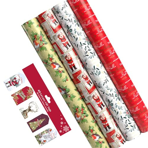 5 x 7M Christmas Traditional Wrapping Paper roll 70CM Large Wrap to Pack Presents With 20 Gift Tags (35m)