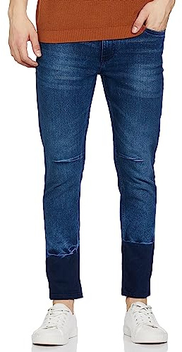 The Indian Garage Co Mens Carrot Plain Mid Rise Stretch Jeans, Blue, 32