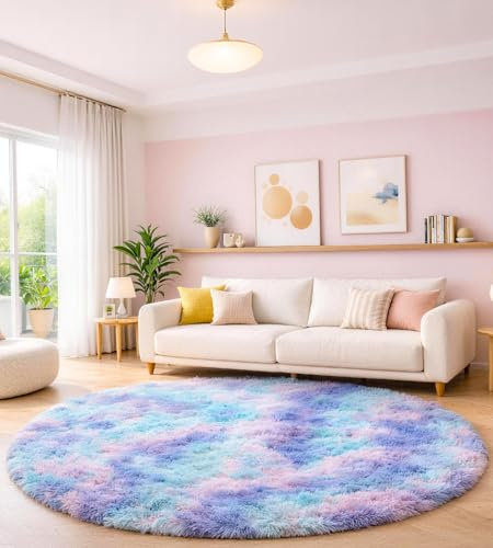 MARATIP Teppich Rund Kinderzimmer 100 cm Blau Lila Schlafzimmer Hochflor-Teppich Waschbarer Buro Weicher Flauschige Modern