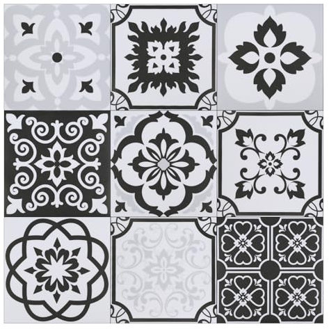 9 PCS Self Adhesive Floor Tiles, 20 x 20cm Peel & Stick Vinyl Flooring, Black & White Waterproof Decorative Kitchen Splashback Wall Tiles for Kitchen Bathroom Decoration (Black & White)