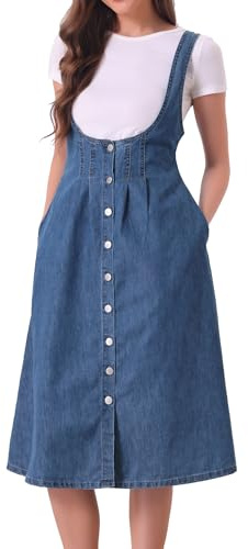 Allegra K Donna Abito Bretelle Abito Longuette in Denim Classico con Scollo A U con Bottoni sul Davanti E Tasche Blu XL