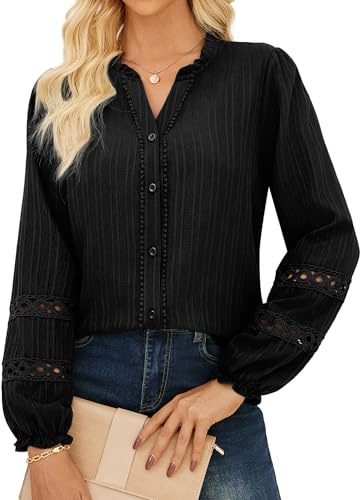 GRACE KARIN – Chemisier à col henley à manches longues avec dentelle pour femme, coupe flatteuse, décontracté, haut de tunique, Noir , XXL
