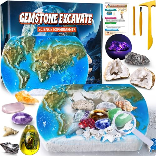 UNGLINGA Set di scavo di gemme per bambini, ragazzi e ragazze – Idea regalo per il compleanno con 15 vere gemme e fossili, incluso attrezzo, giocattolo educativo di geologia S.T.E.M