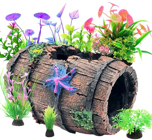 Mineup 9Pcs Fish Tank Decorations, Broken Barrel Cave Decor, Starfish Bucket Fish Tank Accessories, Starfish Barrel with 8 Aquarium Plants, for Betta Fish Hiding Landscaping Hole House Shelter
