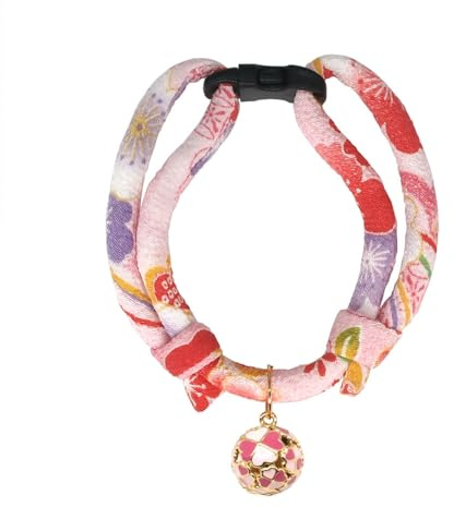 PetSoKoo Four-Leaf Clover Cat Collar with Bell Breakaway Buckle. Japanese Chirimen,Cute Kitten Collar for Girl Boy Cat