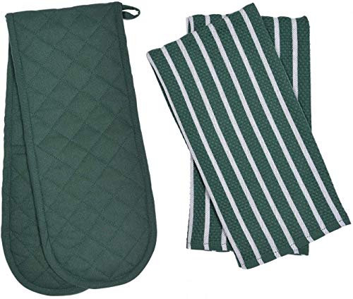 Penguin Home Heat Resistant Oven Gloves with Set of 2 Tea Towel Oven Mitt & Potholder for Home Cooking - Maximum Heat Protection/Kitchen Accessories (Green) Size - (18x90 & 65x45 cm)