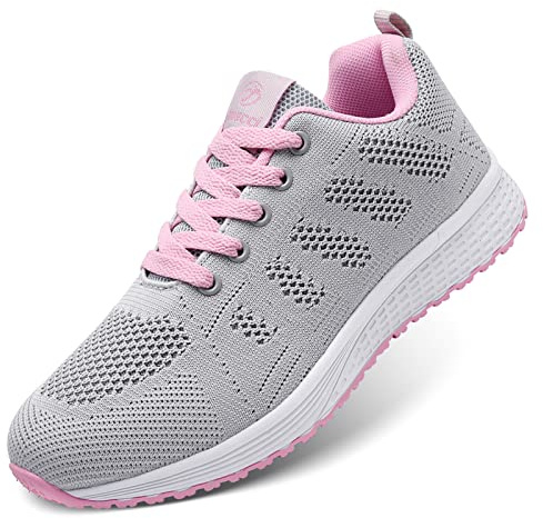 Anbiwangloo Damsneakers, sportiga löparskor, snörskor, andas, utomhus, crosstränare, för jogging, A08 Grå rosa, 37 EU