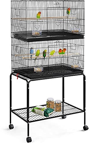 Yaheetech Gabbia a 2 Piani Voliera per Uccelli Pappagalli Inseparabili Calopsite con Piedistallo in Metallo da Interno e Esterno Nero
