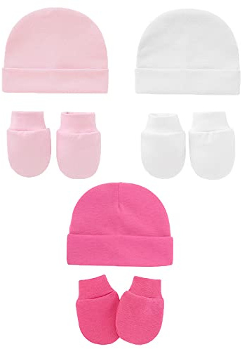 Snegyu Lot de 6 chapeaux d'hôpital pour nouveau-né en coton et moufles anti-rayures pour nouveau-né de 0 à 3 mois