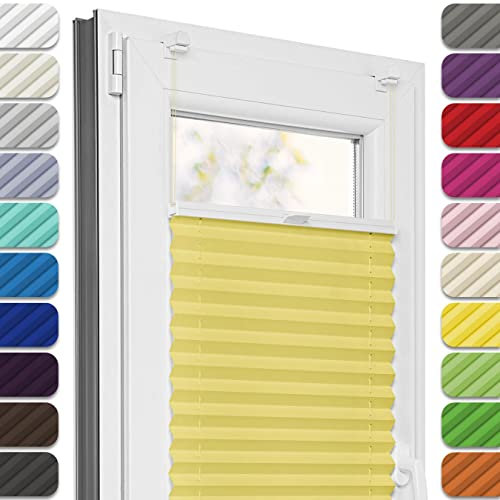 Estika Plissee ohne Bohren, Premium Klemmfix - 40cm Breite x 120cm Höhe - Gelb - Metal Plisseehalter ohne Bohren, Modern Sichtschutz für Fenster, Jalousien Fenster für innen