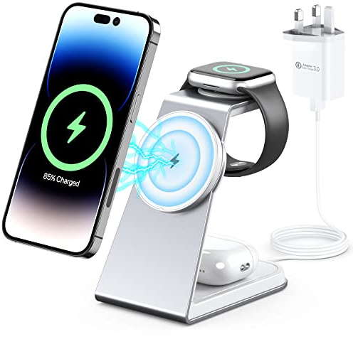 3 in 1 Wireless Charging Station for MagSafe,Aluminum Alloy Magnetic Wireless Charger,15W Fast for MagSafe Charger Stand Compatible with iPhone 17/16/15/14/13 Series,Apple Watch Series,Airpods 3/2/pro