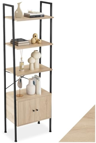 tectake® Industrial Leiterregal mit 4 Ebenen + Schrankfach, Regal schmal 57,5x34x173cm, Bücherregal Wand, als Raumteiler Regal, Küchenregal Wand, Nischenregal - Industrial Holz hell, Eiche Sonoma