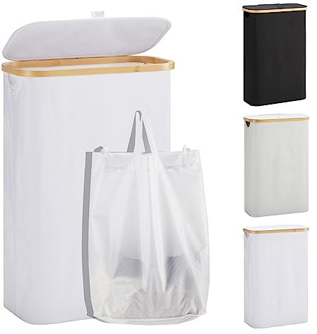 YOUDENOVA Laundry Basket with Lid 48 L Laundry Hamper Narrow with Laundry Bag Foldable Laundry Sorter Wooden Bamboo Laundry Chest Tall Laundry Baskets, White