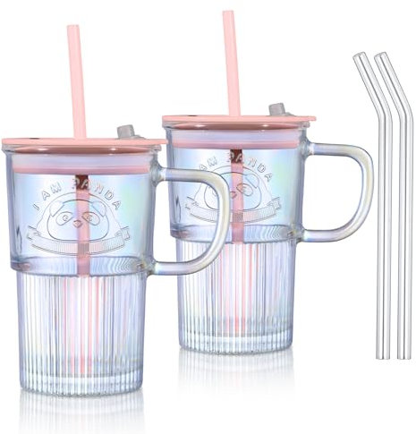 Joeyan 430 ML Irisé Verre avec Couvercle Anse et Paille,Gobelet Bubble Tea avec Motif de Panda,Verre à Smoothie de Conception Hermétique et étanche,Tasse à Café Glacé,pour Milkshakes Jus Thé,2 Pcs