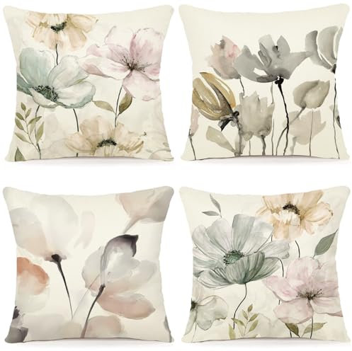 ZWJD Blumen Kissenbezug 45x45 4er Set Outdoor Kissen Dekokissen Leinen Kissenhülle Kissenbezüge Florales Aquarellgemälde Kissenhüllen für Sofa Wohnzimmer Zierkissen 45x45cm