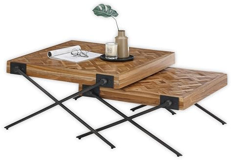 Stella Trading AKONI Beistelltisch 2er Set, Teak-Holz recycelt - Hochwertiges Couchtisch Set mit filigranem Metallgestell - 80 x 43 x 80 cm (B/H/T)