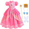 Snyemio Princesse Peach Déguisement Robe avec Accessoires Fille Costume Rose pour Carnaval Fête Anniversaire Halloween Noël, Rose, 6-7 Ans(Étiqueter 130)