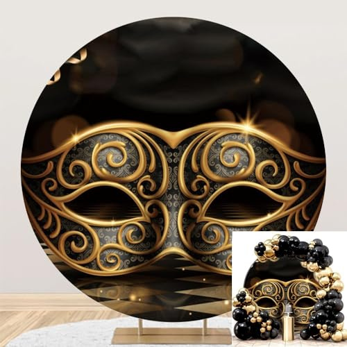 TTQYFNM 7.5x7.5ft Mardi Gras Round Backdrop Cover Polyester Retro Gold Black Mask Carnival Masquerade Circle Photography Background for Prom Dress-Up Ball Rave Birthday Party Decors Photo Booth Props