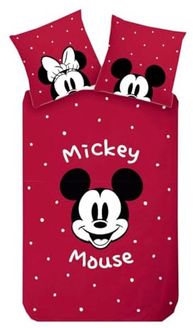 Disney Renforcé Biancheria da letto double-face, 135 x 200 cm, Topolino Minnie, con fiocco rosso e bianco, con cerniera reversibile