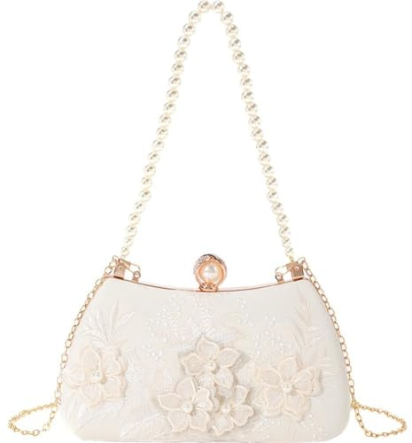 Danlai Borsa Sera con Ricamo Borsa Sera con Perle di Fiori Borsa a Tracolla Tradizionale con Catena Staccabile per