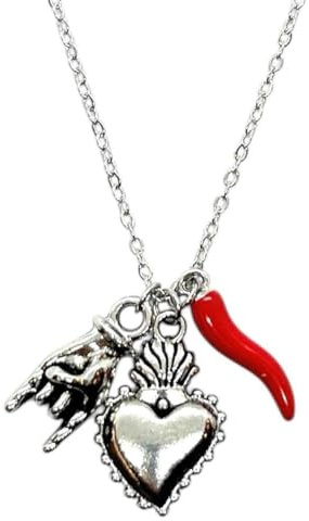 Collana catena sacro cuore corno mano corna donna uomo in acciaio inox 316L anallergico portafortuna - Disponibile color oro e argento - Confezione regalo (SILVER)