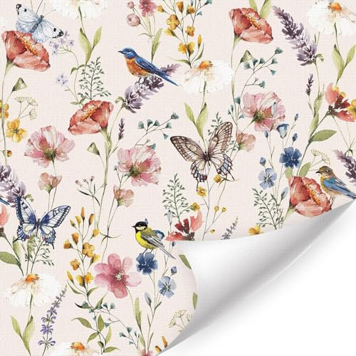 CHDITB Klebefolie Möbel Blumen,Aquarell Blumen und Vögel Tapete,Bunte Schmetterlinge Tapete(44x300cm) Vintage Wildblumen Wandstickers Boho Pflanzen Rosa Blumen Möbelfolie für Mädchen Zimmer Badezimmer
