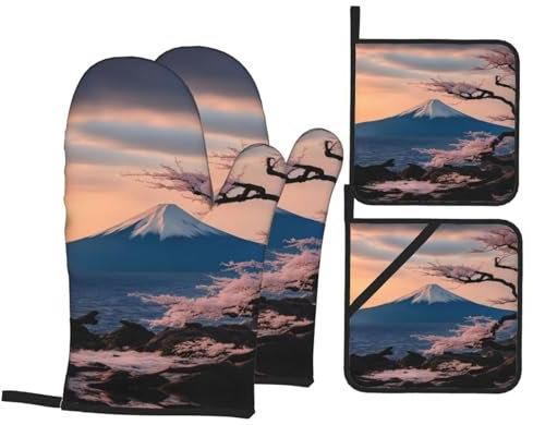 Juego De Manoplas Y Agarraderas Impresión del Paisaje Japón Fácil De Almacenar Guantes para Barbacoa Lavables Oven Gloves para Hornear Cocinar Chimenea,4 Piezas