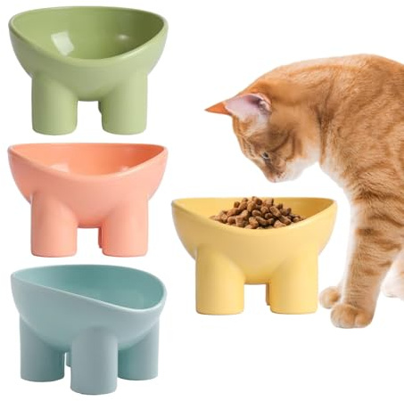 Ciotole rialzate per cibo per gatti, set da 4 pezzi, piatti inclinati per la protezione del collo, ciotole ergonomiche rialzate con design a zampa di elefante per una migliore digestione e postura