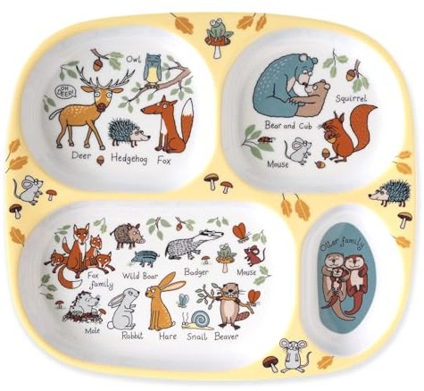 Tyrrell Katz Divider Plate in Woodland Design with 4 Sections - Dishwasher Safe Melamine Kids Compartment Tray - 24 x 21 x 2 cm