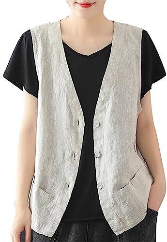 2025 Damen-Leinenweste, lässig, ärmellos, Strickjacke, Jacke, locker dünn, lässiges Weste-Top Laufjacke Damen Gelb (White, XXXL)