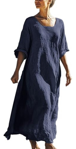 Vestito Donna Lungo in Cotone e Lino Caftano Boho Abito Ampio Casual Moda Manica Lunga Scollo A V Vestito Estivo Taglie Forti Eleganti Abiti al Ginocchio Larghe da Spiaggia Fresco Vacanza