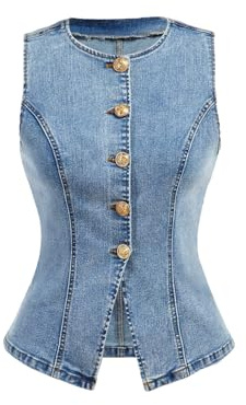 GORGLITTER Women's Denim Vest Crewneck Button Front Sleeveless Jean Jackets Slim Fit Denim Waistcoat Women Light Wash Medium