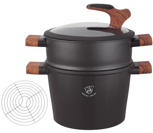 Royal Swiss® Stieltopf 24 cm – Stoompan/Couscous Topf 6,5 L • Induktion & Alle Herdarten • Edelstahl Dampfgarer mit Glasdeckel • Gesundes Kochen Gemüse, Fisch & Couscous (Schwarz)
