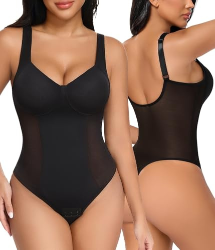 Niwicee Body Contenitivo Modellante Donna Shapewear Bodysuit Pancia Piatta Guaina Contenitiva Perizoma Intimo Snellente Shaper Shaping Sexy Mesh Fajas Spallino Regolabile (Nero, M)