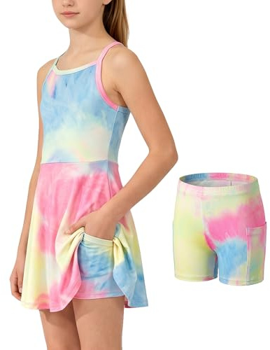 NEAWEALY Girls Tennis Dress Kids Sleeveless Tie dye Dress and Sports Shorts Set with Pockets 5-13 Years
