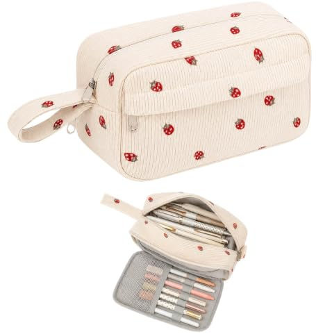 KhgFov Strawberry Pencil Case, Large Capacity Cute Corduroy Pencil Case | Corduroy Pencil Pouch for School Supplies Organisation, Large Capacity Pen Case for Women, Students and Artists
