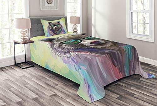 ABAKUHAUS Hipster Tagesdecke Set, Farbige Wilde Bärenkunst, Set mit Kissenbezügen Sommerdecke, für Einzelbetten 170 x 220 cm, Kalk Grün Blau grau violett