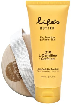 LIFE'S BUTTER Anti-Cellulite Cream - 100% Natural - Made in USA - Cruelty-Free Hypoallergenic - Best Cellulite Reduction - Skin Firming + Tightening for Women L-Carnitine + CoQ10 – 6oz + Body Brush