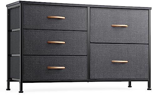 Nicehill Dresser for Bedroom with 5 Drawers, Storage Organizer, Wide Chest of Drawers for Closet, Clothes, Kids, Baby, TV Stand, Wood Board, Fabric Drawers(Black Grey),30*100*61