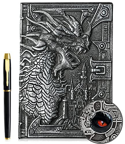 3D Drachen Vintage Tagebuch+Stift Set,A5 Notizbuch Liniert,Personal Organizer DND Journal Notebook Planner,GeburtstagGeschenk für Männer Frauen Erwachsene Kinder (Silver)