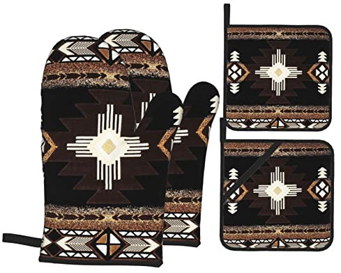 Köksvantar Navajo indianer aztekiskt brunt mönster snygga ugnshandskar värmebeständiga kökshandskar för jul födelsedagspresenter