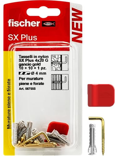 Fischer 5675555 Lot de 10 crochets carrés en laiton avec chevilles 4 mm et clip de fixation, installation propre sur mur pour cadres lourds