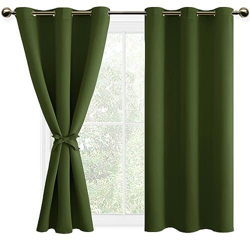 DWCN Blickdichte Vorhänge mit Vorhange-Raffhalter Verdunkelungsgardinen mit Ösen 2 Stücke Thermogardine für Wohnzimmer Schlafzimmer,Olive Grün,137x117cm(HxB)