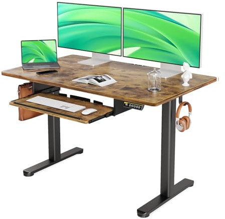 Claiks Schreibtisch Höhenverstellbar Elektrisch mit Tastaturablage, 120 x 60 cm Elektrischer Schreibtisch,Höhenverstellbarer Computertisch mit Memoryfunktion,Standing Desk,Vintage Braun