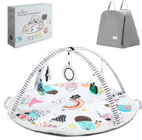 Akeraq Spielbogen Baby, Spieldecke Baby 0-6 Monate 2-in-1, Baby Gym Ø96cm, Baby Play Mat, Montessori Spielebogen Babies, interaktiv und tragbar, Blanco