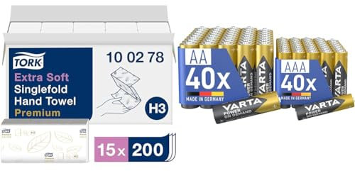 Tork extra weiche Zickzack Papierhandtücher Premium 100278 - H3 Falthandtücher für Zickzack Papierhandtuchspender - besonders saugfähig & VARTA Batterien Mischpack 80 Stück
