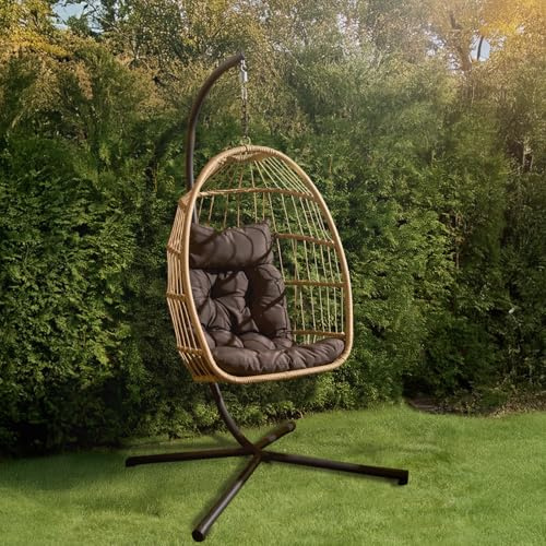OHS Hanging Egg Chair, Rattan Swing Chair Wicker Hammock with Stand Garden Swing Indoor Outdoor Patio Furniture Relaxing Comfy Foldable Egg Chair with Cushion Included, Natural Beige