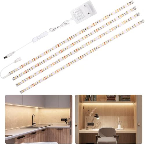 WOBANE Tira Led 2 metri, Tira Luz Led Bajo Mueble Cocina, 4x50cm Tiras de Led Adhesivas con Interruptor e Enchufe 12V, Tira luces Debajo Mueble para Vitrina,Armario,Estanteria, Blanco Natural 4000K