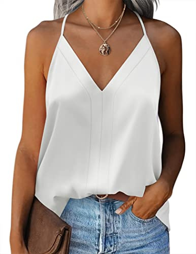Zeagoo Camiseta Tirantes Satén Mujer Tank Tops con Cuello en V Camisole Top Champán Verano Camista Sin Mangas Elegante BlancoXL